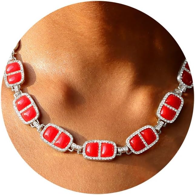 Chunky Necklace for Women 12 Colors Diamond Stone Gold Statement Necklace for Women Full Trendy Blue Birthstone Choker Necklace for Women Square Design Necklace Jewelry