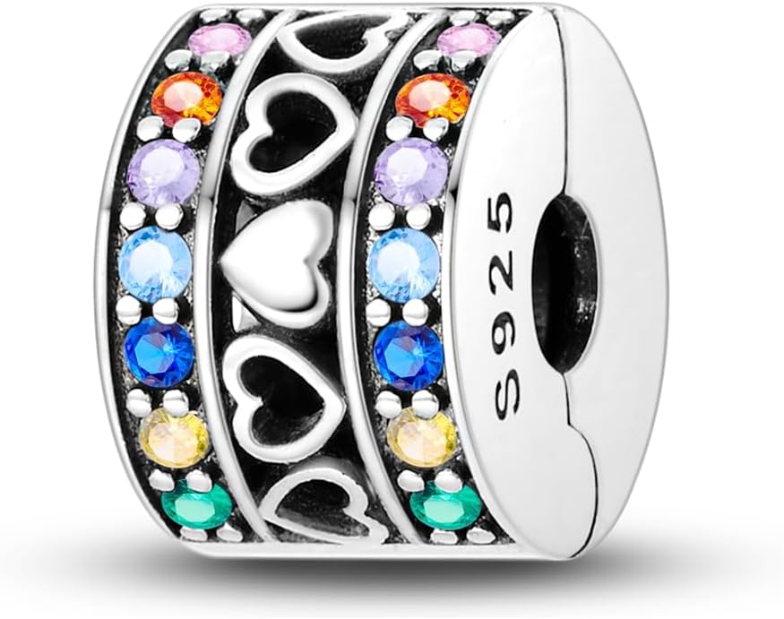 Parmuz Clip Spacer Charm for Bracelet 925 Sterling Silver Pave Cubic Zirconia Lock Stopper Bead Star Moon Evil Eye Jewelry Charm for Woman