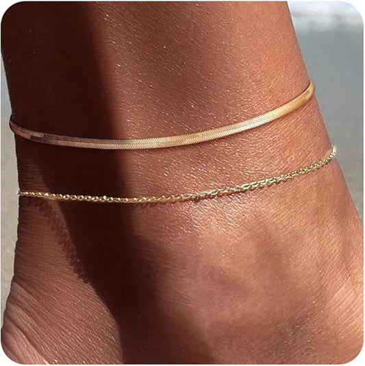 Ritach Ankle Bracelets for Women - Silver/Gold Plated Stainless Steel Anklets for Women Waterproof Layered Cuban Link Figaro Chain Heart Anklets Set Summer Beach Jewelry Gifts