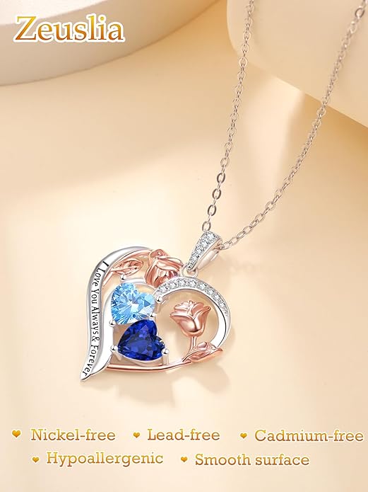Zeuslia Double Birthstone Necklace Gifts for Wife - 925 Sterling Silver Sunflower/Rose/Crown Cross/Compass/Heart Pendant I Love You Necklace, Anniversary Birthday Gifts for Wife Girlfriend Mom Her