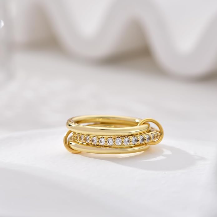 Canboer 14K Gold Plated Interlocked Stackable Rings for Women Non Tarnish,Gold and Silver Cubic Zirconia Statement Rings Set,Mixed Metals Ring Two-Toned Connected Bands Stacking Jewelry