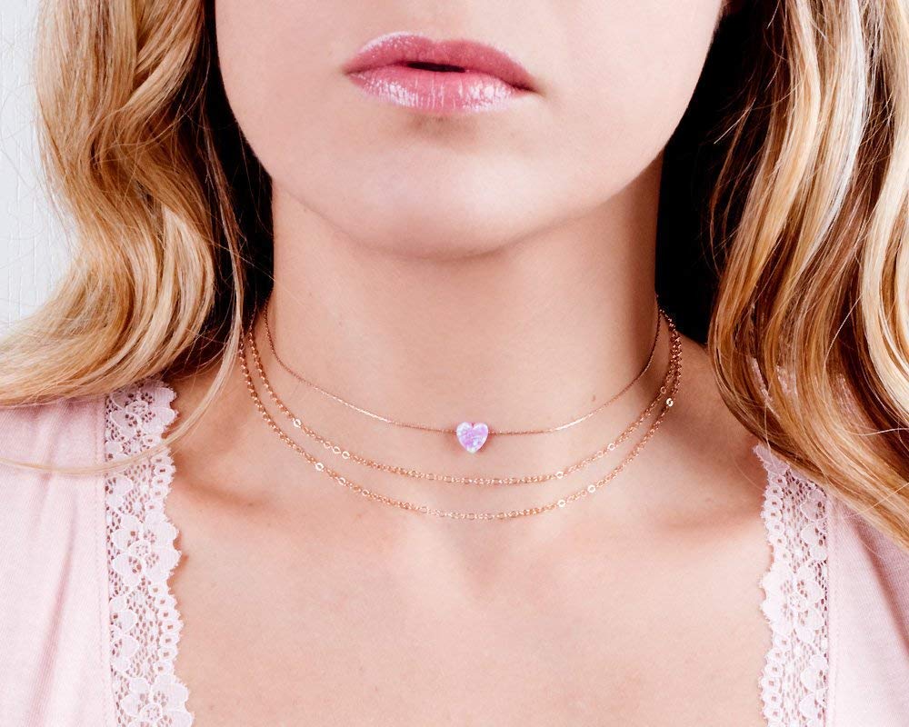 Pink Opal Heart on Rose Gold Filled Choker Necklace - Designer Handmade Necklace for Women - Length: 13.5 inch + 3 inch Extender (rose gold filled, pink)
