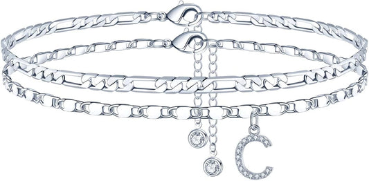 Ursteel Ankle Bracelets for Women, 14K-Gold-Plated Dainty Layered Chain CZ Initial Anklets Set Summer Jewelry Gifts for Women
