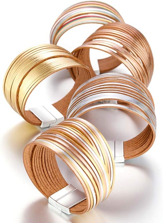 Fesciory Leather Wrap Bracelets for Women, Boho Leopard Multi-Layer Crystal Beads Cuff Bracelet Jewelry