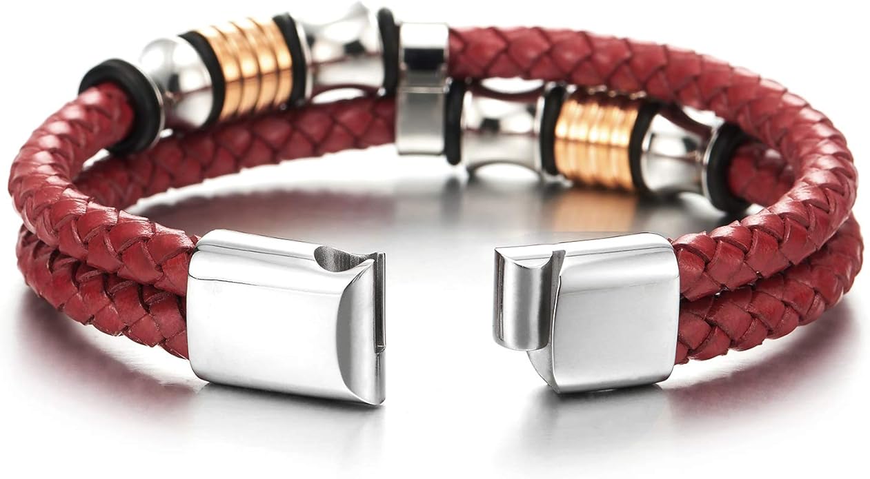 COOLSTEELANDBEYOND Mens Double-Row Braided Leather Bracelet Bangle Wristband with Stainless Steel Ornaments