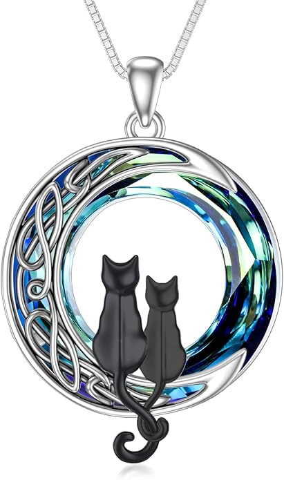 TOUPOP Christmas Cat Gifts for Cats Lovers One Two Three Four Cats Necklace Sterling Silver Cats on the Moon Pendant Necklace with Blue Circle Crystal Birthday Christmas Celtic Jewelry Gifts for Women
