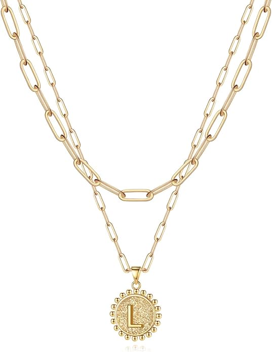 Yoosteel Gold Initial Necklaces for Women, 14K Gold Plated Dainty Layering Paperclip Link Chain Necklace Coin Initial Layered Necklaces for Women Personalized Birthday Gifts
