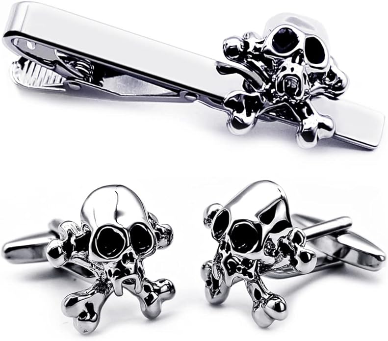 Punk Skull Cufflinks & Tie Clip for Men, Unique Cool 3D Skeleton Cuff-Links Necktie Bar Set, Silver Gothic Pirate Button & Stickpin, Novelty Tie Bars for Wedding & Cosplay Theme Party, Gift for Groomsmen Grooms - Love Forever till Death