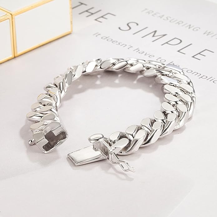 Fashion 925 Sterling Silver Solid Miami Cuban Link Chain Bracelet 8MM-12MM-14MM Curb Cuban Solid Thick Big Link Bracelet For Men 7-10 Inch Jewelry Gift