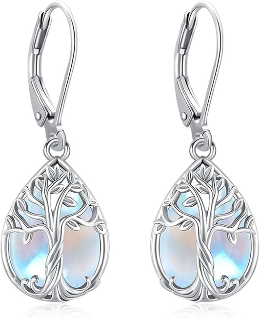 Eusense Sterling Silver Dangle Earrings for Women Tree of Life Animals Moonstone Turquoise Leverback Earrings Jewelry Gifts