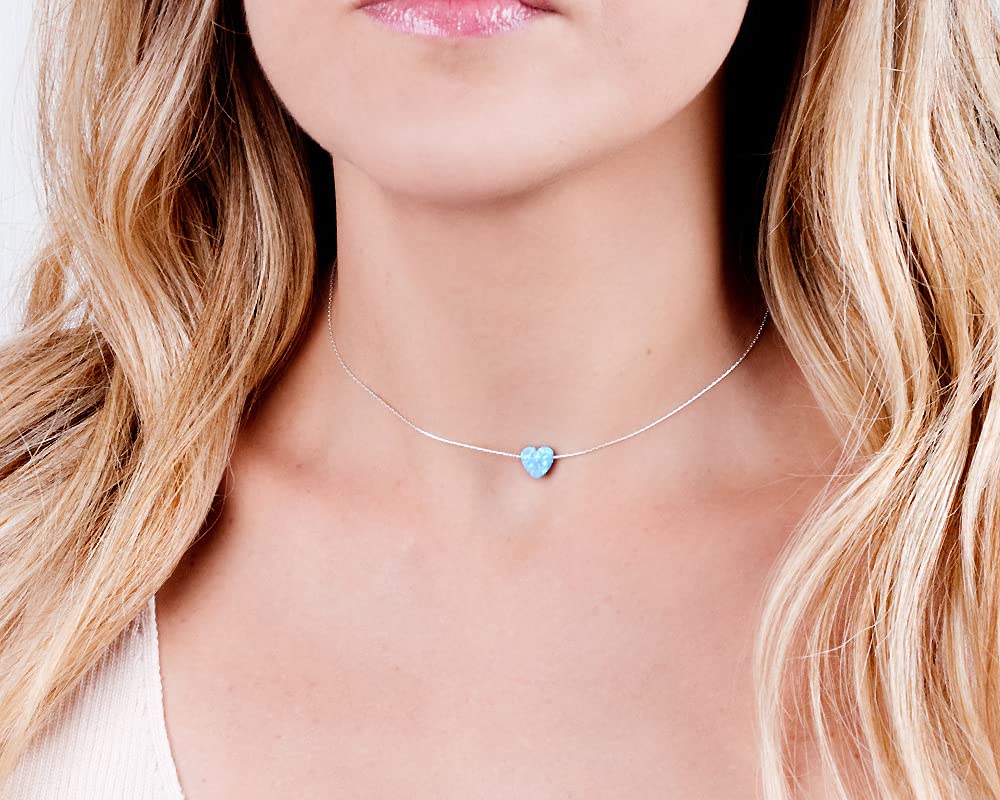 Sterling Silver Choker Necklace with Blue Opal Heart - Designer Handmade Collar Chain for Women- Length: 13.5 inch + 3 inch Extender (sterling silver, blue)