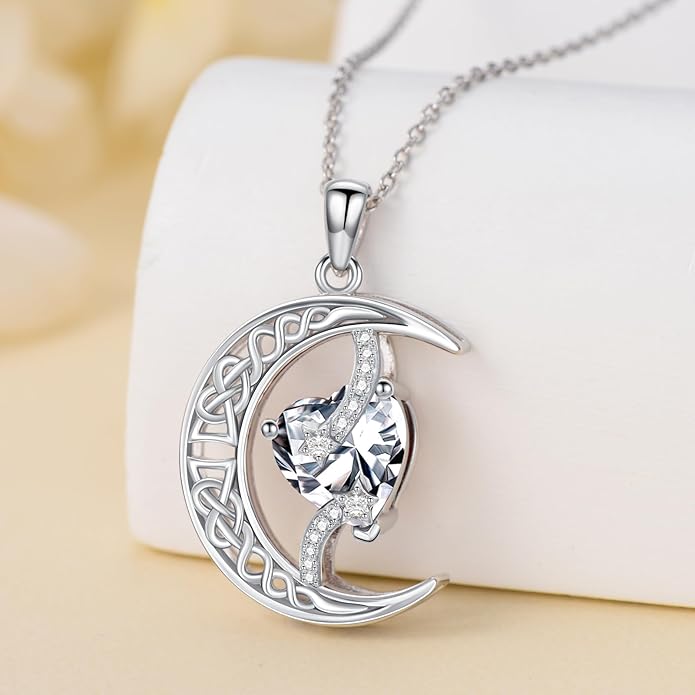 TOUPOP Moon and Star Birthstone Necklace for Women 925 Sterling Silver Celtic Moon Jewelry Birthday Christmas Gifts for Her Girlfriend