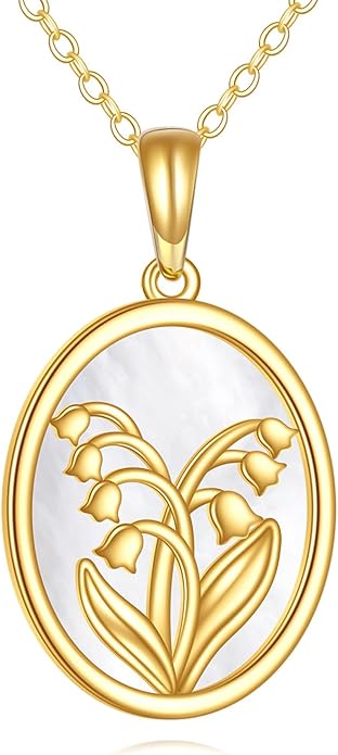 14K Gold Lily of the Valley Necklace with Mother of Pearl 14K Solid Gold Lily Pendant Elegant Flower Jewelry Gift for Women