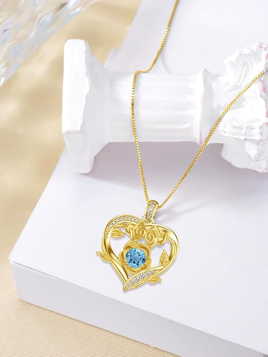 Midari 18K Gold Heart Birthstone Necklace for Women Rose Pendant Birthday Jewelry Gifts for Wife Her Daughter Mom