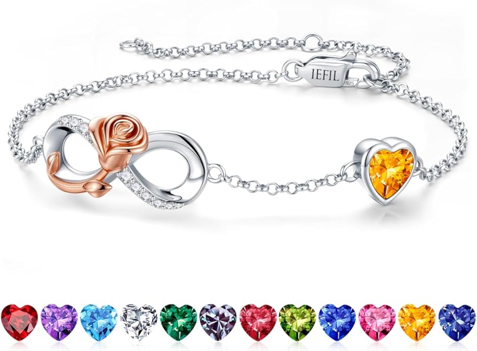 Iefil Infinite Rose Birthstone Bracelet for Women, 925 Sterling Silver Charm Link Birthstone Bracelet, Anniversary Birthday Gifts for Women, Mothers Day Valentines Christmas Gifts for Wife Girlfriend