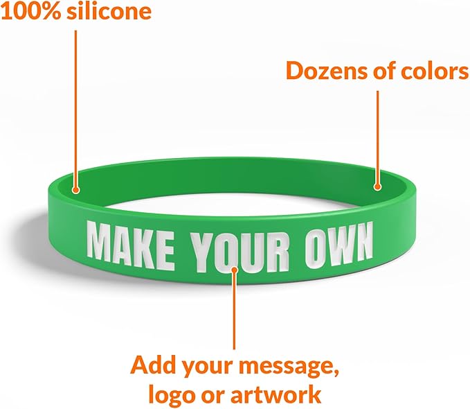 Custom Wristbands For Events, Fundraisers & Promotions | Add Text, Icons, & Logos | Bulk Rubber Bracelets | Classic 1/2” | 100% Silicone