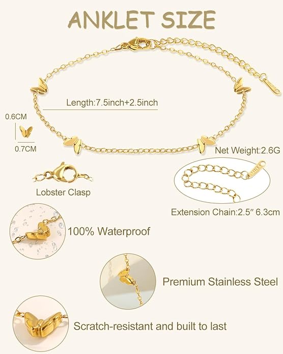 Gold Ankle Bracelets for Women Waterproof - 18K Gold Plated Stainless Steel Dainty Heart Anklets, Non Tarnish Meaningful Gifts for Her Sister Best Friend or Yourself