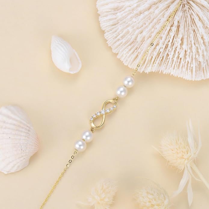 SISGEM 10k Gold Infinity Anklet for Women, Real Freshweter Cultured Pearl and Created Moissanite Love Jewelry Ankle Bracelet for Her, 9.4-11 Inches