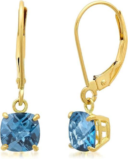 Solid 10K Gold Cushion Cut Dangle Gemstone Earrings for Women | 6mm Gemstone Birthstone Earrings | Checkerboard 10 Karat Gold Dangle Drop Leverback Earring for Women by MAX + STONE