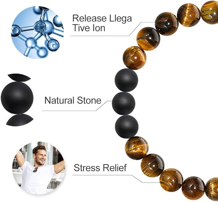 M MOOHAM Natural Stone Bracelets for Men - 8mm Tiger Eye, Matte Agate, Lava Rock - Teen Boys Gifts for Birthday, Anniversary, Christmas
