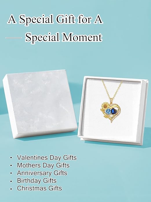 Sunflower Heart Necklace for Women 14K Gold Exquisite Anniversary Birthday Gifts for Wife Mother Her Double Birthstone Pendant jewelry‘You Are My Sunshine’