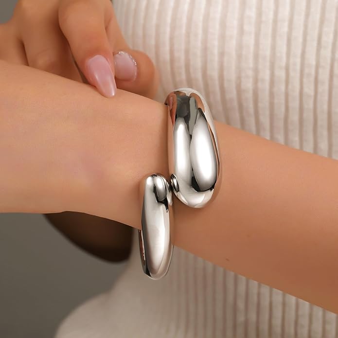 jokcde Chunky Gold/Silver Gold Cuff Bangle Bracelets for Women Trendy Hinged Cuff Open Wide Chunky Gold Bracelet Minimalist Bangle Jewelry Gift