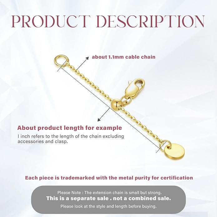 14k Gold Necklace & Bracelet Extender Chain, 1"/1.5"/2"/3"/4"/5" Durable Removable Gold Extension Chain