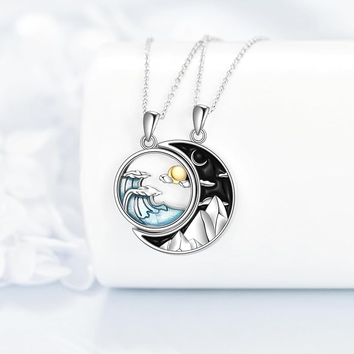 JBAERD Couples BFF Matching Necklaces 925 Sterling Silver Cross/Yin Yang/Sun Moon/Mountain Wave Pendant Necklace Anniversary Birthday Gifts