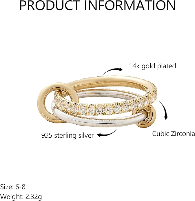 SUYACS 14K Gold Plated Interlocked Stackable Rings for Women Non Tarnish 925 Sterling Silver Mixed Metals Multi Statement Stack Ring Two Tone Connected Bands CZ Thumb Ring Jewelry Gifts