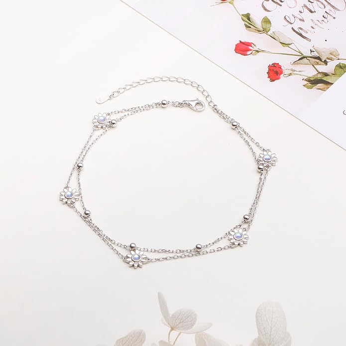 FLYOW Anklet for Women S925 Sterling Silver Adjustable Foot Beaded Heart Charm Ankle Bracelet Anklets Jewelry