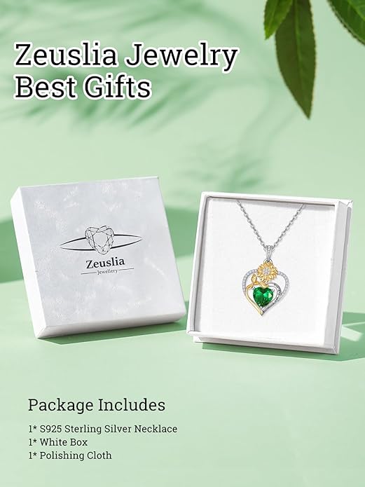 Zeuslia Double Birthstone Necklace Gifts for Wife - 925 Sterling Silver Sunflower/Rose/Crown Cross/Compass/Heart Pendant I Love You Necklace, Anniversary Birthday Gifts for Wife Girlfriend Mom Her