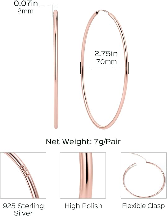 ChicSilver Hypoallergenic 925 Sterling Silver Hoop Earrings for Women, Lightweight Large Gold Plated Hoop Earrings, Endless Hoops Earring 20/30/40/50/60/70MM