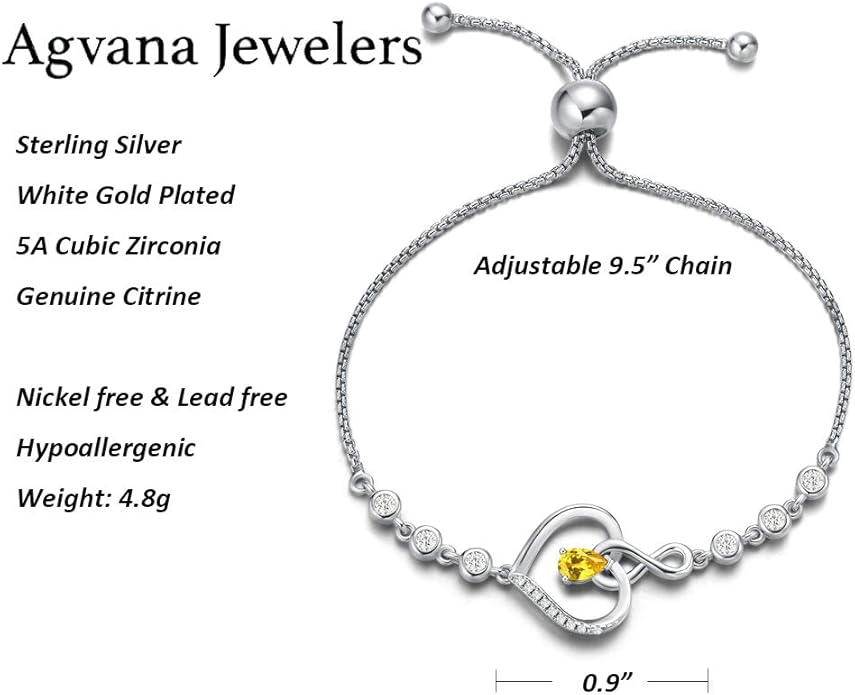 AGVANA Heart Birthstone Bracelets for Women Sterling Silver Genuine or Created Gemstone Tennis Bracelet Infinity Love Jewelry Anniversary Birthday Gifts for Wife Mom Women