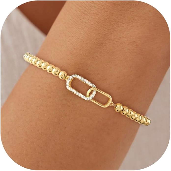 Beaded Bracelet for Women Trendy Stretch Handmade Ball Charm Bracelet Dainty Cross Heart Bow Wave CZ Stackable Jewelry Charm Gifts for Her
