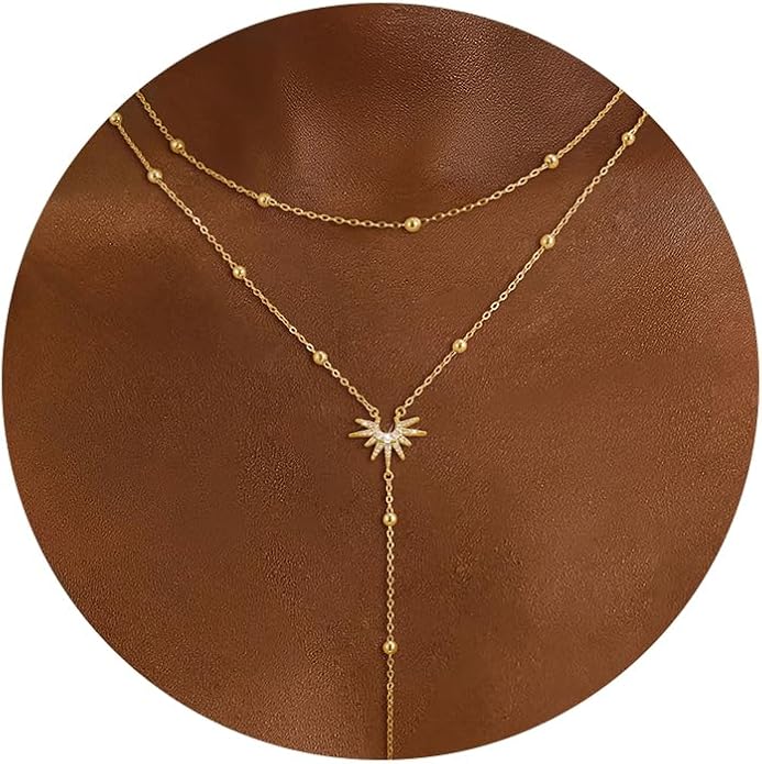 CHESKY Lariat Gold Necklace for Women Trendy, Dainty Long Necklace 14k Gold Plated/Silver Y-Shaped Pendant Necklace Layered Cz Beaded Chain Drop Necklaces Simple Gold Jewelry For Women Gift