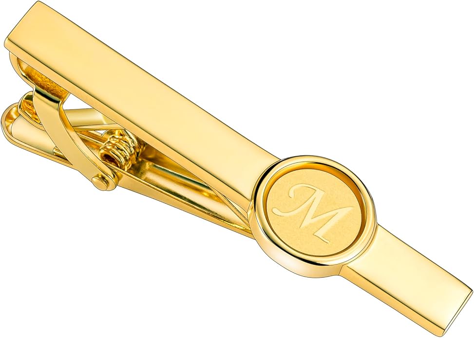 HAWSON 2 inch Tie Clips and Cufflinks Sets for Men A-Z Gold Engraved Letter Cufflinks and Tie Clips Sets for Formal Business Wedding