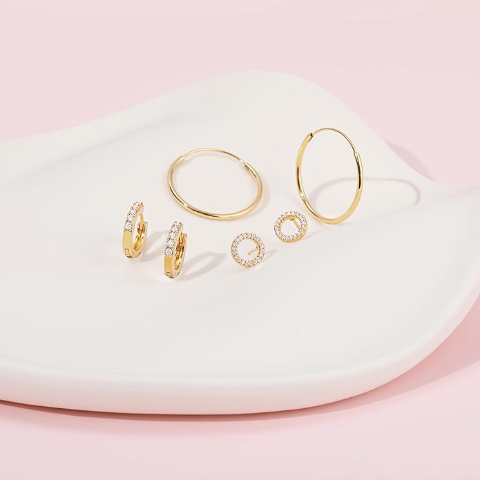 3 Pairs Small Gold Hoop Earrings Stack|Huggie Earring for Women|Non Tarnish Hypoallergenic Jewelry suitable for daily commuting, work, and gatherings