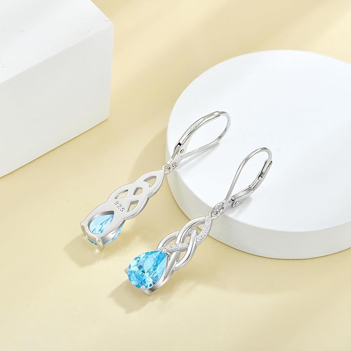 JO WISDOM Women Celtic Knot Infinity Dangle Earrings for Women Sterling Silver 7 * 9mm Birthstone Irish Twisting Drop Earrings Jewelry for Women