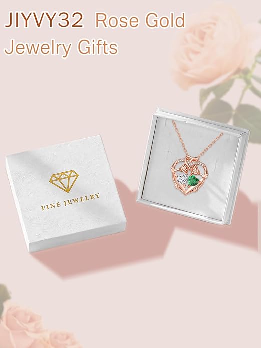 Rose Gold Necklaces for Women Double Birthstone Rose Flower Heart Pendant Necklace Jewelry Anniversary Christmas Valentine's Mother's Day Birthday Gift for Wife Mom Her Girlfriend Sister