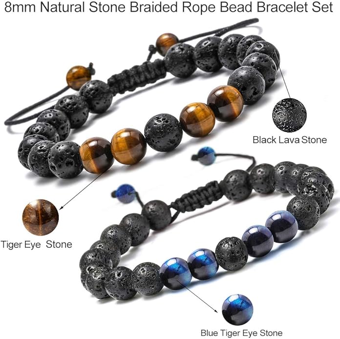M MOOHAM Natural Stone Bracelets for Men - 8mm Tiger Eye, Matte Agate, Lava Rock - Teen Boys Gifts for Birthday, Anniversary, Christmas