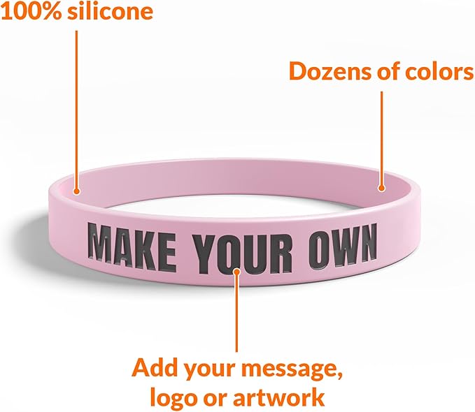 Custom Wristbands For Events, Fundraisers & Promotions | Add Text, Icons, & Logos | Bulk Rubber Bracelets | Classic 1/2” | 100% Silicone
