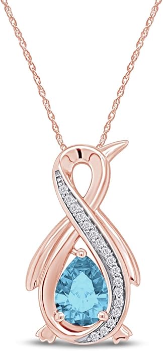 Infinity Penguin Pendant Necklace for Women, 14K Gold Over Sterling Silver with Pear & Round Cut Simulated Birthstone & White Diamond Accents, Dainty Animal Jewelry Gift with 18" Chain