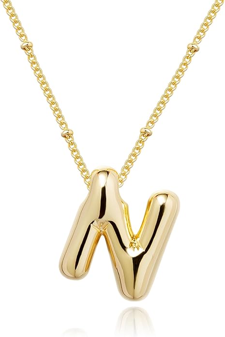 Initial Necklaces for Women, 14k Gold Plated Bubble Letter Necklace Chunky Gold Necklace Dainty Charm Initial Necklaces for Women Trendy Custom Preppy Stocking Stuff Necklace Christmas Gifts