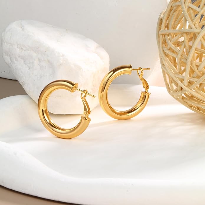 8YEARS Chunky Gold Hoop Earring for Women, 18K Gold Plated Lightweight Thick Hoops, Hypoallergenic Trendy Jewelry for Gift