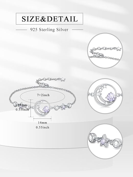 Moon and Star Birthstone Charm Link Bracelet 925 Sterling Silver Moon and Star Bracelet with 12 Months Birthstone Birthday Jewelry Gifts for Women Mom Her,Chain Length 7"+2" Extend