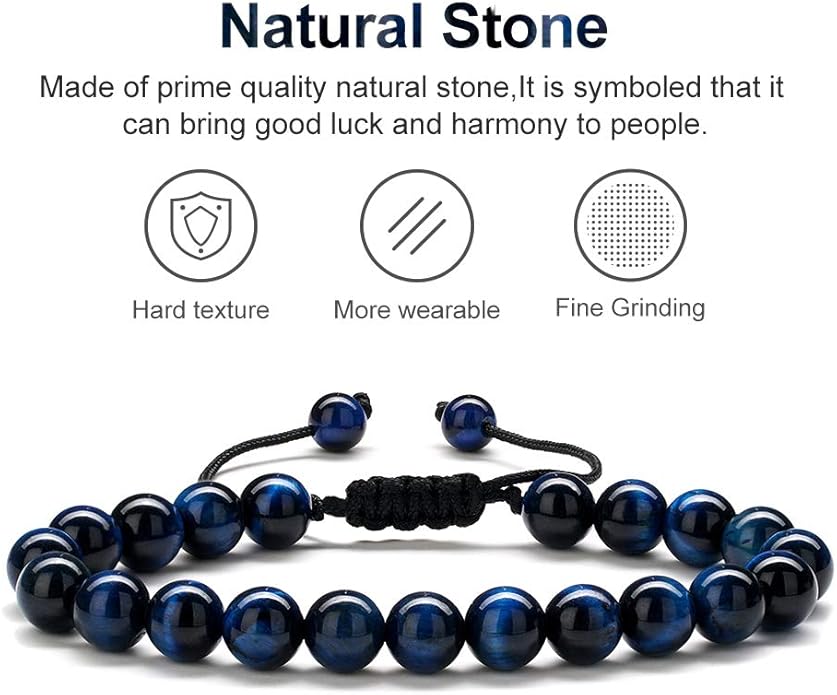 M MOOHAM Natural Stone Bracelets for Men - 8mm Tiger Eye, Matte Agate, Lava Rock - Teen Boys Gifts for Birthday, Anniversary, Christmas