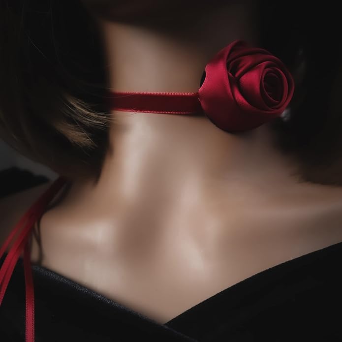 Black Choker Camellia Flower Lace-up Necklace For Women