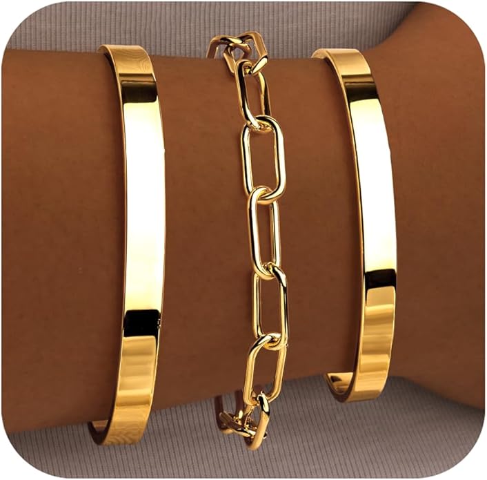 Silver Bracelets for Women Stack, Silver or Gold Plated Cuff Bangle Set, Trendy Silver Jewelry for Women Fashion