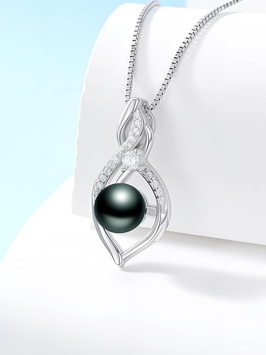 KANNSOAR Tahitian Black Pearl 18K White Gold Plated Sterling Silver Heart/Infinity/Four Leaf Clover Pendant Necklace Jewelry Gifts for Women Wife Mom Girlfriend Wedding Birthday Anniversary Christmas