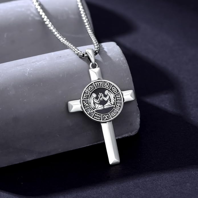 MEIDERBO Cross Zodiac Necklace 925 Sterling Silver 12 Constellation Horoscope Astrology Pendant Necklace Zodiac Sign Jewelry Gifts for Men Women